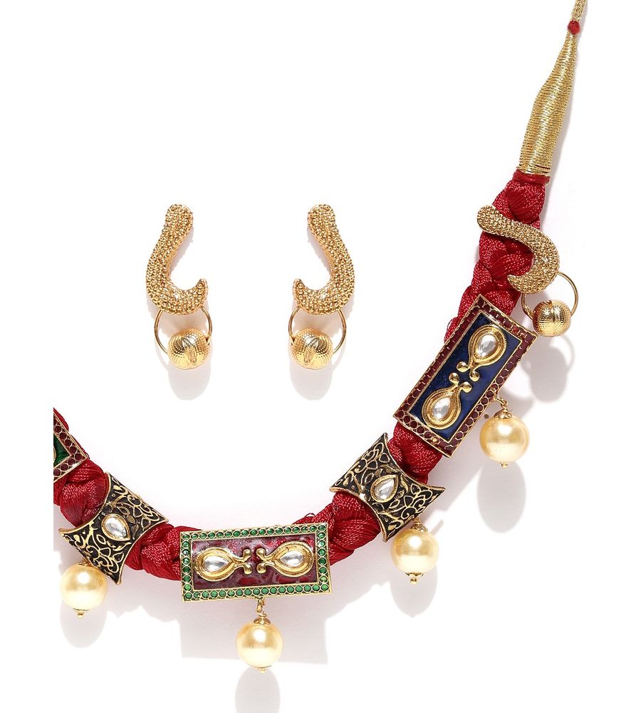 YouBella Red  Gold-Toned Stone-Studded Beaded Jewellery Set